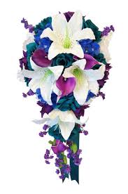 #kanzashi flowers #teal flower #deep teal #dark teal #peacock feathers #pearls #wedding garter #bridal garter #bridal inspiration #bridal lingerie i love to wear dark teal shirts because i love what it does to my eyes. Cascade Bouquet Dark Teal White And Purple Artificial Teardrop Bou Angel Isabella