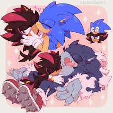 21862 - safe, artist:mazimoshi, shadow the hedgehog, sonic the hedgehog,  blushing, border, cute, duo, fangs, gay, heart, kiss on cheek, shadow x  sonic, shadowbetes, shipping, snuggling, sonabetes, sonic the werehog,  sparkles, wagging
