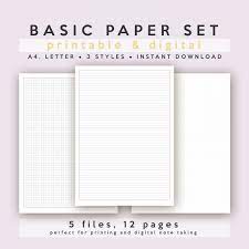 Basic Paper Set Lined Ruled Squared Grid Dotted A4 And Etsy In 2021 Grid Paper Printable Basic Notebook Printable Notes Templates