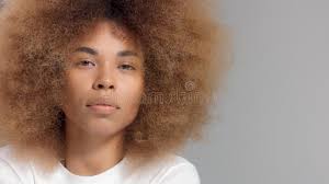 Una Donna Nera Di Razza Mista Con Capelli Afro Grossi in Studio in Grigio  Fotografia Stock