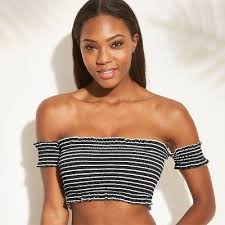 Black And White Striped Swimsuit Top Women S Smocked Underwire Off The Shoulder Bikini Top Xhilaration Black Stripe D Dd Cup Off The Shoulder Swimsuit Bikini Tops Womens Stripes