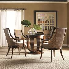 Artistica Paragon Five Piece Round Glass Top Single Pedestal Dining Table Contemporary Woven Back Arm Glass Top Dining Table Furniture Pedestal Dining Table