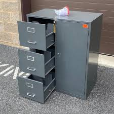 Industrial, brushed steel, office, document storage cabinet or safe by library bureau solemakers features brass accents with it's original brown interior with two steelmaster industrial steel metal machinist 30 drawer storage tool chest cabinet. Cole Steel Locking Safe File Cabinet Combo Chairish