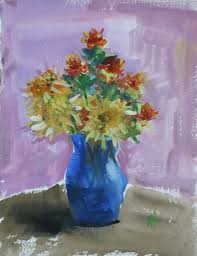 Safflowers And Mums In Blue Vase Original Gouache Painting Angela Moulton Gouache Painting Gouache Creek Art