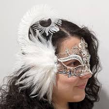 White & Silver Metal Masquerade Mask Wedding with Feathers & Swarovski  Crystals