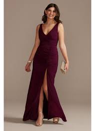 Imported model is 5'10 and wearing xs or size 2 Ruched Jersey V Neck Tank Sheath Dress David S Bridal