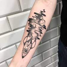 Maybe you would like to learn more about one of these? Rocket And Space Landscape Tattoo Inked On The Right Forearm Rocket Tattoo Space Arm Tattoo Sleeve Tattoos