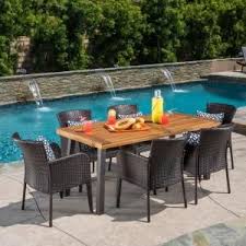 Noble House Multi Brown 7 Piece Wicker And Wood Rectangular Outdoor Dining Set With Beige C Cheap Outdoor Furniture Outdoor Dining Set Rustic Outdoor Furniture