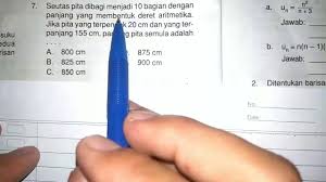Panjang kawat membentuk barisan aritmatika dipotong menjadi 5 = n = 5 panjang kawat terpendek = a = 15 panjang kawat terpanjang = u5 = 23 sn = n/2(a + un) s5 = 5/2(15 + 23) = 5/2(38) = 5 x 19 = 95 jawaban: Seutas Pita Dibagi Menjadi 10 Bagian Dengan Panjang Yang Membentuk Deret Aritmetika Jika Pita Yang Youtube