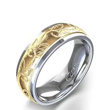 444527 Scroll And Leaf Design Carved Mens Wedding Ring In Two Tone White Gold Angle Jp Mens Wedding Rings Mens Wedding Bands Unique Black Diamond Wedding Rings