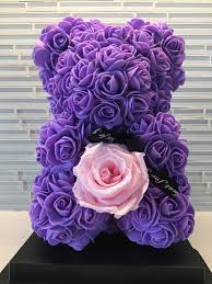 Da música (flowers that last forever). Purple Teddy Bear In Box With Pink Preserved Rose In Doral Fl Leon Flowers Inc