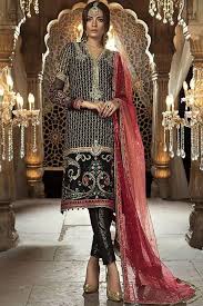 Black And Red Designer Shirt Long Shirt With Churidar Pajama Maria B In Black Red Color Model C 1630 Pakistani Dress Design Chiffon Collection Fashion