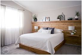 Dark walnut headboard king size stain, leaner style, handcrafted. Diy Natural Wood Shiplap Tongue And Groove Headboard Wall With Shelf And Floating Nightstands On Platfor Diy Bed Headboard Wood Walls Bedroom Bedroom Headboard