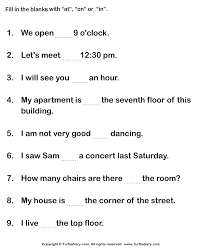 Use first grade verbs worksheets to encourage creative writing, and help your child understand the different parts of speech. Fill In The Blanks With At In Or On Worksheet Turtle Diary