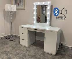 2021 hollywood fashionable large vanity table with lighted mirror and drawer, bedroom makeup table with 9 lights and 6 storage shelves. Desktop Hollywood Mirror White With Bluetooth Speaker Forever Furniture