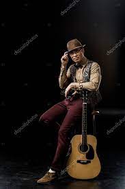 Young Man Stylish Hat Posing Acoustic Guitar While Sitting Chair Stock Picture Affiliate Hat Posing Stylish Hats Guitar Senior Pictures Men Photography
