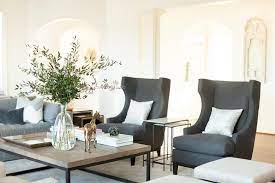 Gray Linen Wingback Chairs And Nesting End Tables Transitional Living Room Home Living Room Transitional Living Rooms Living Room Grey