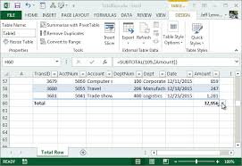 Select any cell in the table to activate the table tools, and then check the total row option on the design tab. Table Total Row Excel University