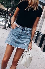 Black And White Checkered Skirt Outfit Summer Blonde Woman Wearing Short Sleeve Black Bodysuit Levis Denim Skirt Senreve White Mini Maestra Handbag Fash Denim Skirt Outfits Skirt Outfits Summer Denim Skirt