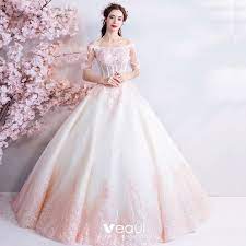 Werfen sie einen blick auf 15 schöne rosa brautkleider in den fotos unten und bekommen ideen für ihr eigenes hochzeitskleid! Erschwinglich Champagner Pearl Rosa Lange Weiss Brautkleider 2018 Tulle Spitze Applikationen Ruckenfreies Perlenstickerei Korsett Bandeau Ballkleid