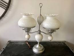 Vintage Hobnail Milk Glass Lamp Large Double White Milk Glass Globes Table Lamp W Hobnail Globes Shabby Cottage Chic Boudoir Decor Works In 2020 Milk Glass Lamp Hobnail Milk Glass Glass Lamp