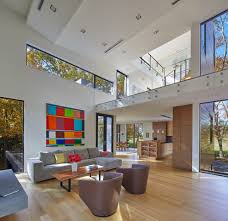Furnished open plan kitchen and lounge with a mezzanine in the nighttime. Spacious Double Height Living Room And A Mezzanine Floor With Views Of A Woodland In Lewes Delaware 2000 1942 Roomporn