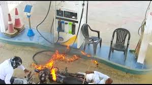 Motorcycle Erupts Into Flames At Petrol Pump, Rider Luckily Escaped
