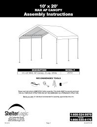 Shelterlogic 76377 at $384.99 save $185. Shelterlogic 25757 10 X 20 Max Ap Canopy User Manual 15 Pages