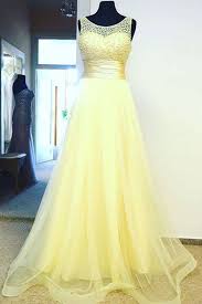 Light Yellow Organza Round Neck See Through A Line Beading Long Dresses Top Prom Dresses Prom Dresses Yellow Long Prom Dress