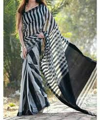 Black And White Striped Saree Blouse Linen By Linen 100 Count Black And White Pure Organic Handwoven Saree Striped Linen Saree Formal Saree Black And White Saree With Blouse Black And White Saree Striped Linen Pure Products