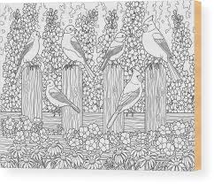 Birds In Flower Garden Coloring Page Wood Print By Crista Forest