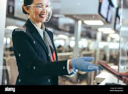 Female airport staff wearing face shield assisting travelers. Woman working  at airline check-in counter during pandemic Stock Photo - Alamy