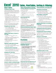 Microsoft Excel 2010 Tables Pivottables Sorting Filtering Quick Reference Guide Cheat Sheet Of In Microsoft Excel Excel Shortcuts Microsoft Excel Tutorial