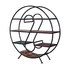 China customized round wood metal wall shelf with frames. 5 Shelf Industrial Open Round Bookcase