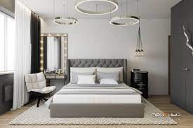 Спальня в серых тонах с белой мебелью