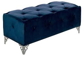 Banquette Capitonnee Velours Bleu Et Pieds Metal Chrome Omati Lestendances Fr Banquette Capitonnee Banquette Capitonne