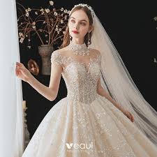 Aktuelle preise für produkte vergleichen! Luxus Herrlich Charmant Champagner Brautkleider Hochzeitskleider 2021 Ballkleid Stehkragen Perlenstickerei Applikationen Strass Pailletten Kurze Armel Ruckenfreies