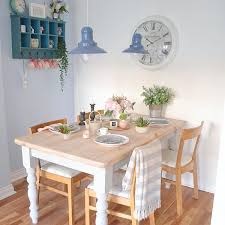 Gorgeous White Washed Dining Table With Painted Legs In Grey Cute Shelf With Light Blue Wall And White W Whitewash Dining Table Dining Table White Wall Clocks