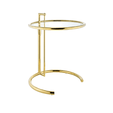 This high quality reproduction side table is manufactured in tubular stainless steel with a tempered glass top and is height adjustable. Eileen Gray Side Table Gold Event Trade Show Furniture Rental