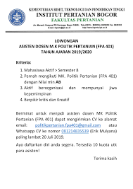Borang permohonan program sijil perikanan (akademi perikanan malaysia). Lowongan Asisten Dosen Mk Politik Pertanian Faperta Ipb