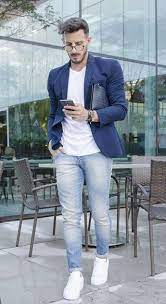 The color combination depends upon your individual taste, complexion, occasion and place where you will be wearing it. Casual Blazer Outfit Navy Blue Blazer White Tshirt And Light Blue Jeans Blue Blazer Outfit Men Best Business Casual Outfits Blazer Outfits Casual