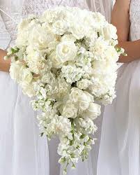 All White Teardrop Cascading Wedding Bouquet Featuring Roses Peonies Carnations Stock Flower Bouquet Wedding White Wedding Flowers White Bridal Bouquet