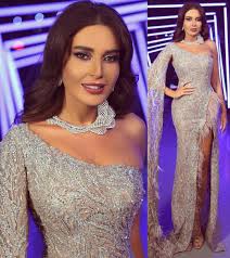 Cyrine Abdel Nour In Silver Evening Dress With Feather Silver Evening Dress Instagram Fashion Formal Dresses Long
