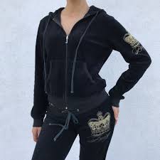 Black And Gold Tracksuit Y2k Juicy Couture Velour Black Tracksuit Print Gold Depop In 2020 Juicy Couture 00s Fashion Couture Tops