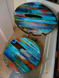 Wood Wall Art Table Top Art Colorful Round Reclaimed Wood Etsy Funky Painted Furniture Painted Furniture Painted Table