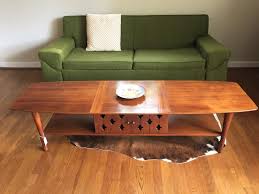 Vintage industrial coffee table, surfboard coffee table Walnut Surfboard Coffee Table With Cabinet Shelving By Henredon Epoch