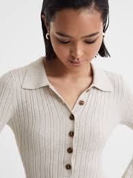 Reiss Anna Quan Knitted Polo Maxi Dress in Ecru