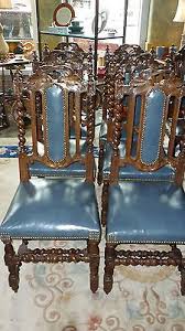 Set Of 6 Heavily Carved Barley Twist Dining Chairs With Blue Leather Dining Chairs Chair European Chairs