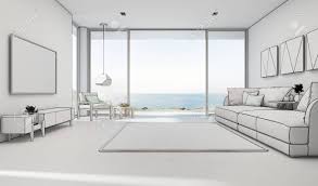 Living room designs and ideas are anchored by its colour scheme. Sea View Living Room Of Luxury Summer Beach House With Large Glass Door And Wooden Terrace Tv On White Wall Against Big Sofa In Vacation Home Or Holiday Villa Hotel Interior 3d