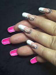 Acrylic French Nails With Pink Underside Hand Painted Art And Crystal Culture Crystals Nail Art Nails Glass Nails